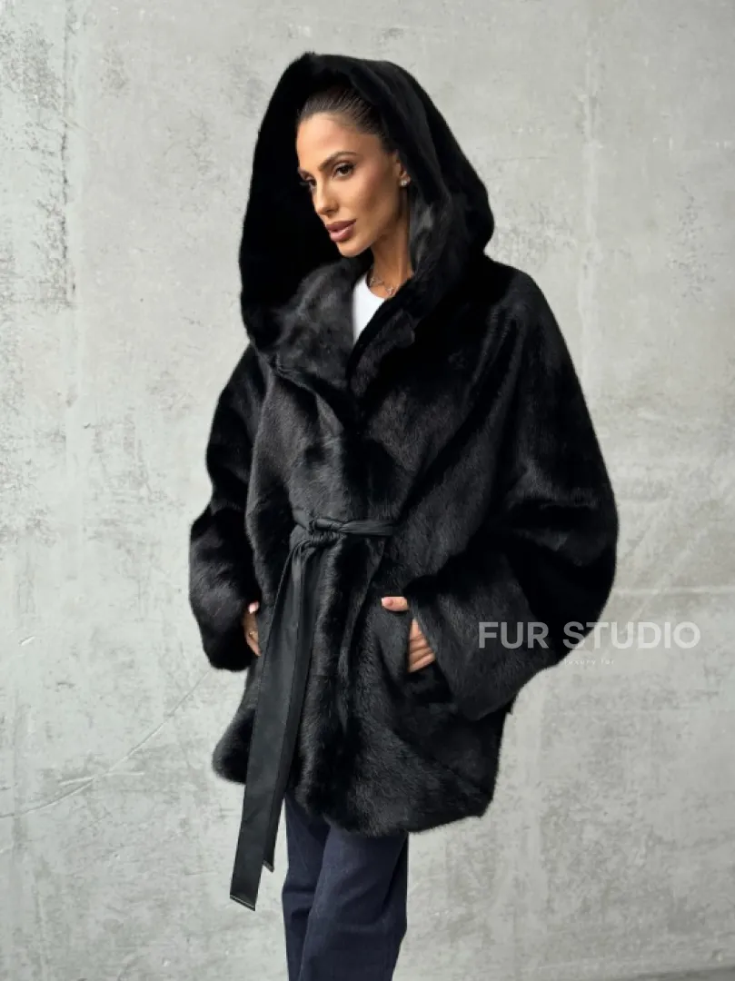 Полушубок черный норковый с капюшоном - фото 10