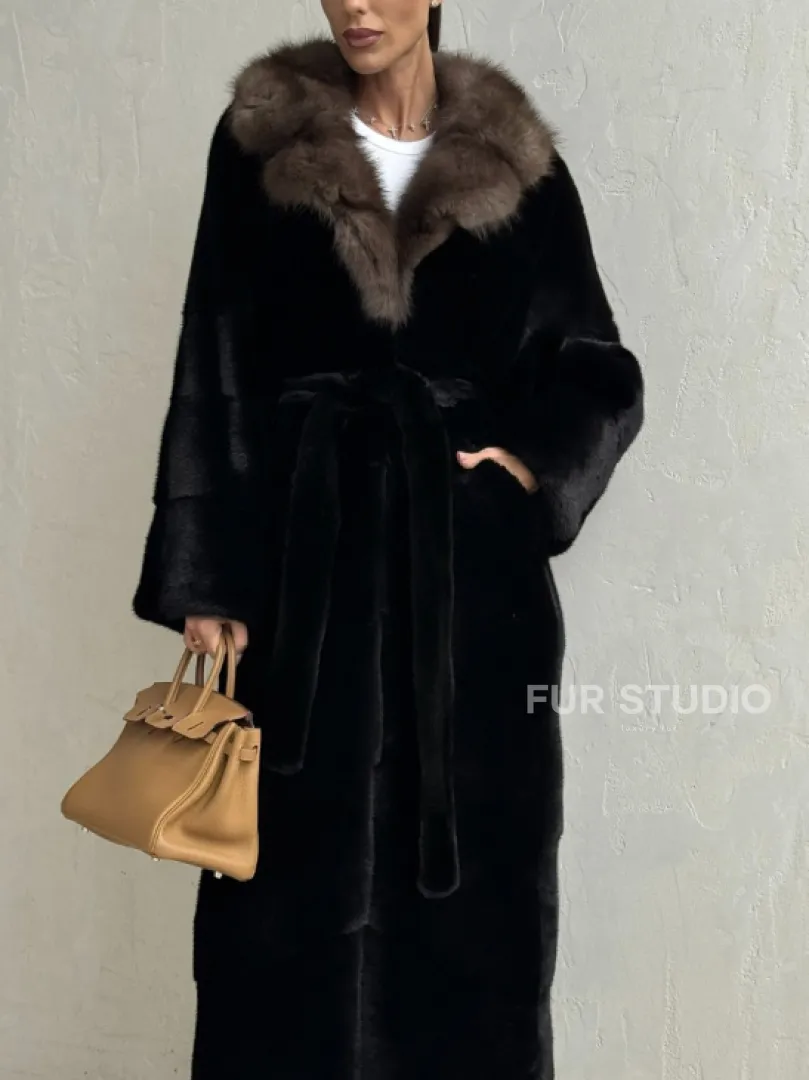 Черная норковая шуба - воротник куница - фото 2