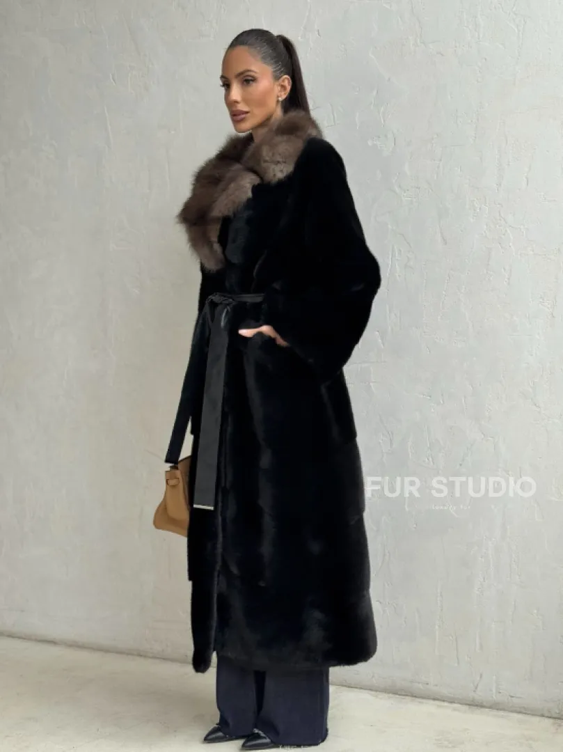 Черная норковая шуба - воротник куница - фото 6