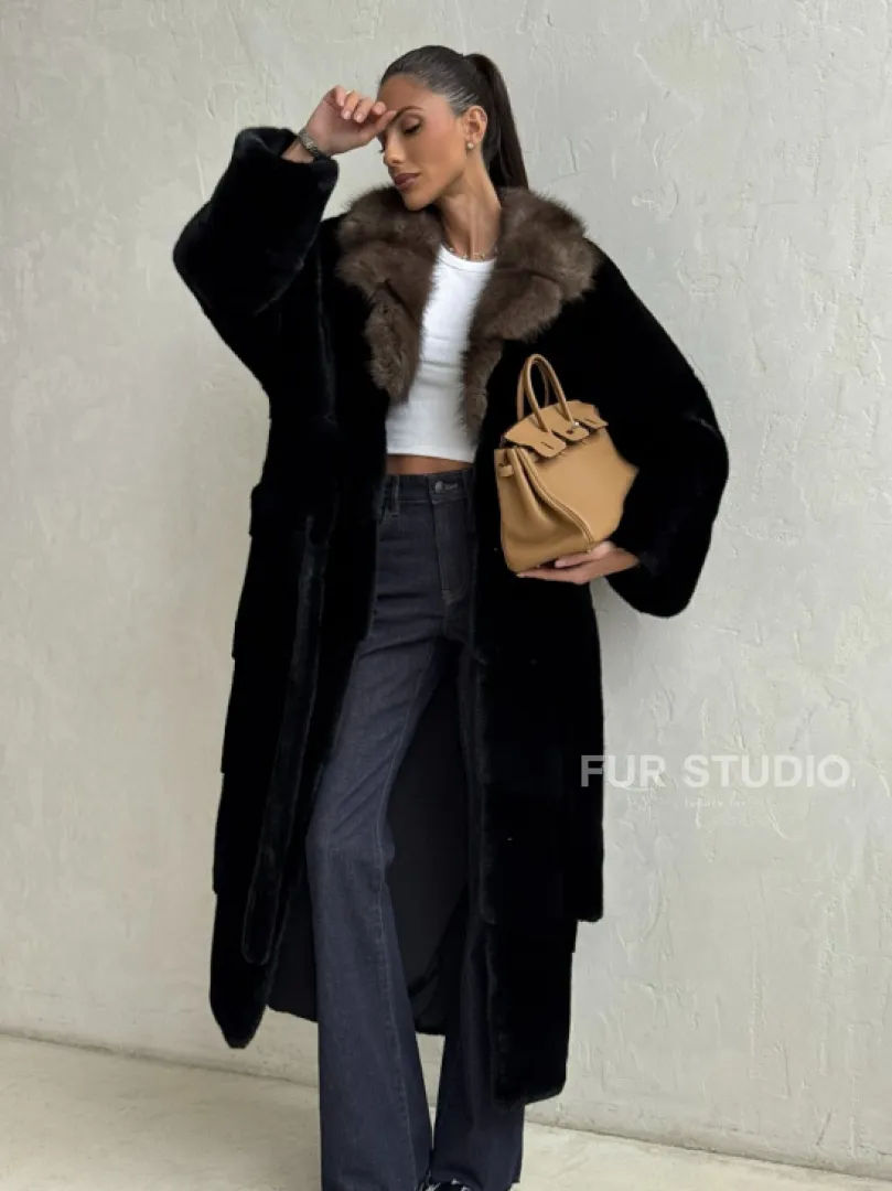 Черная норковая шуба - воротник куница