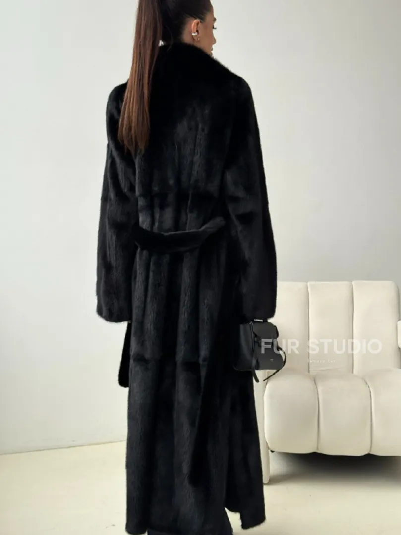 Черная норковая шуба с поясом