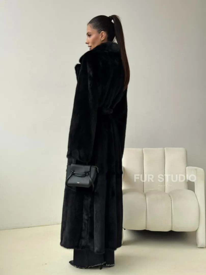 Черная норковая шуба с поясом - фото 7