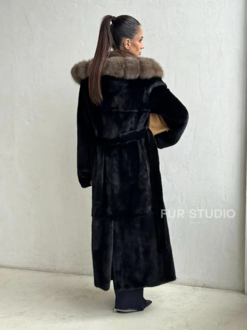 Черная норковая шуба с поясом - капюшон куница - фото 7