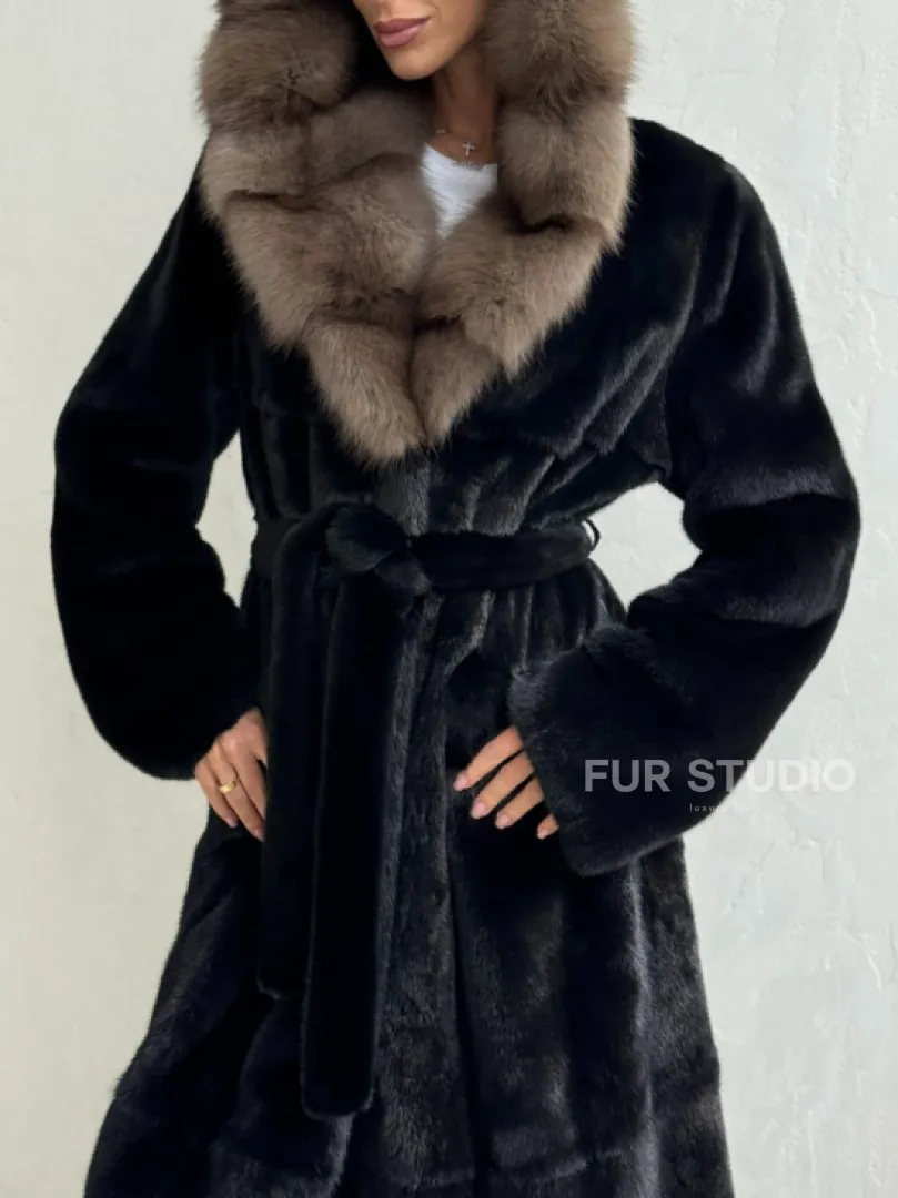 Черная норковая шуба с поясом - капюшон куница - фото 1