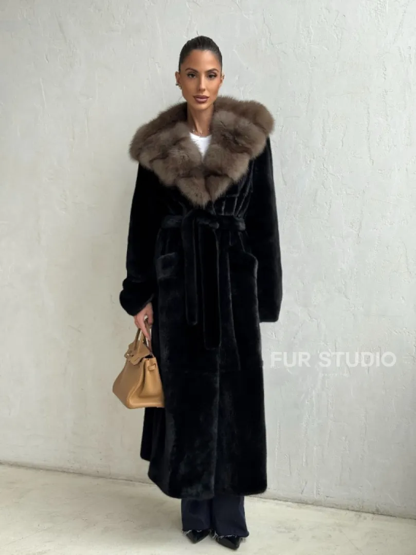 Черная норковая шуба с поясом - капюшон куница - фото 10
