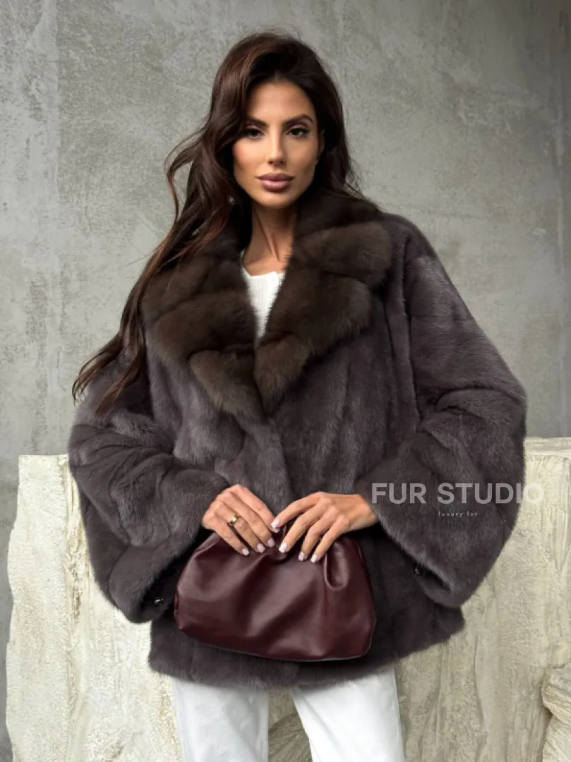 Норковый полушубок с воротником куница - фото 0