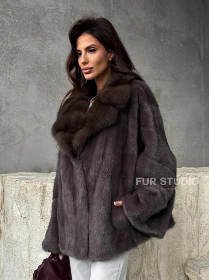 Норковый полушубок с воротником куница - фото 7