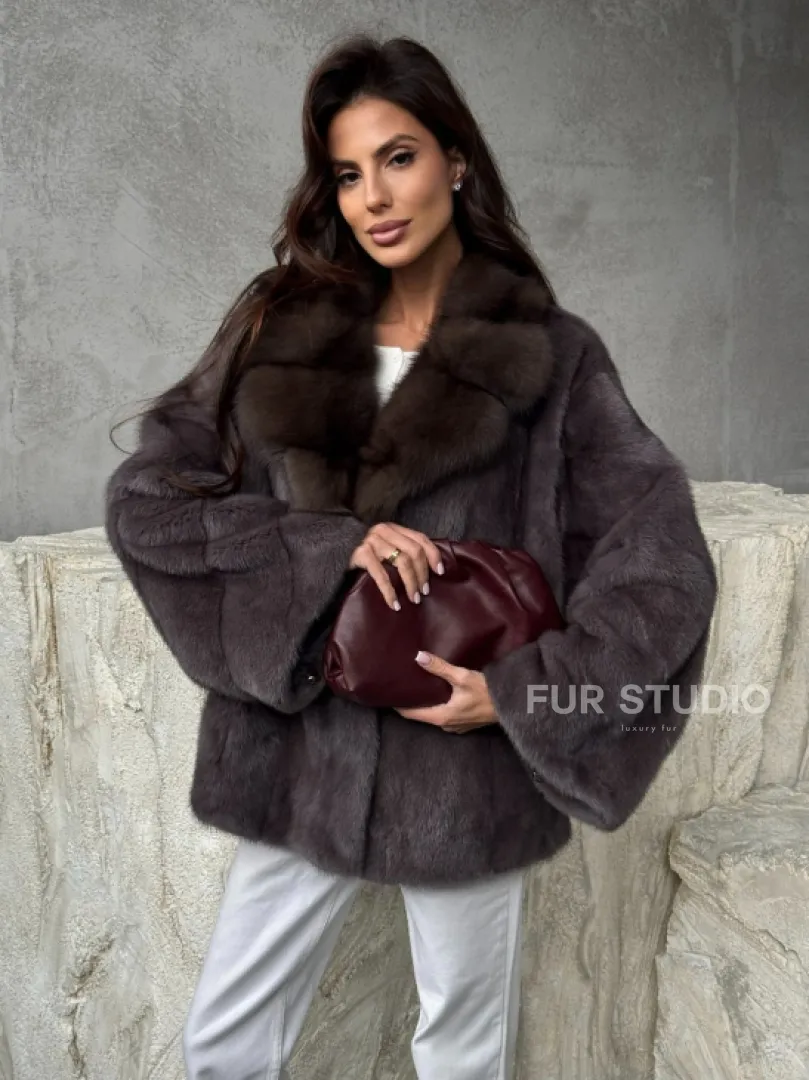 Норковый полушубок с воротником куница - фото 5