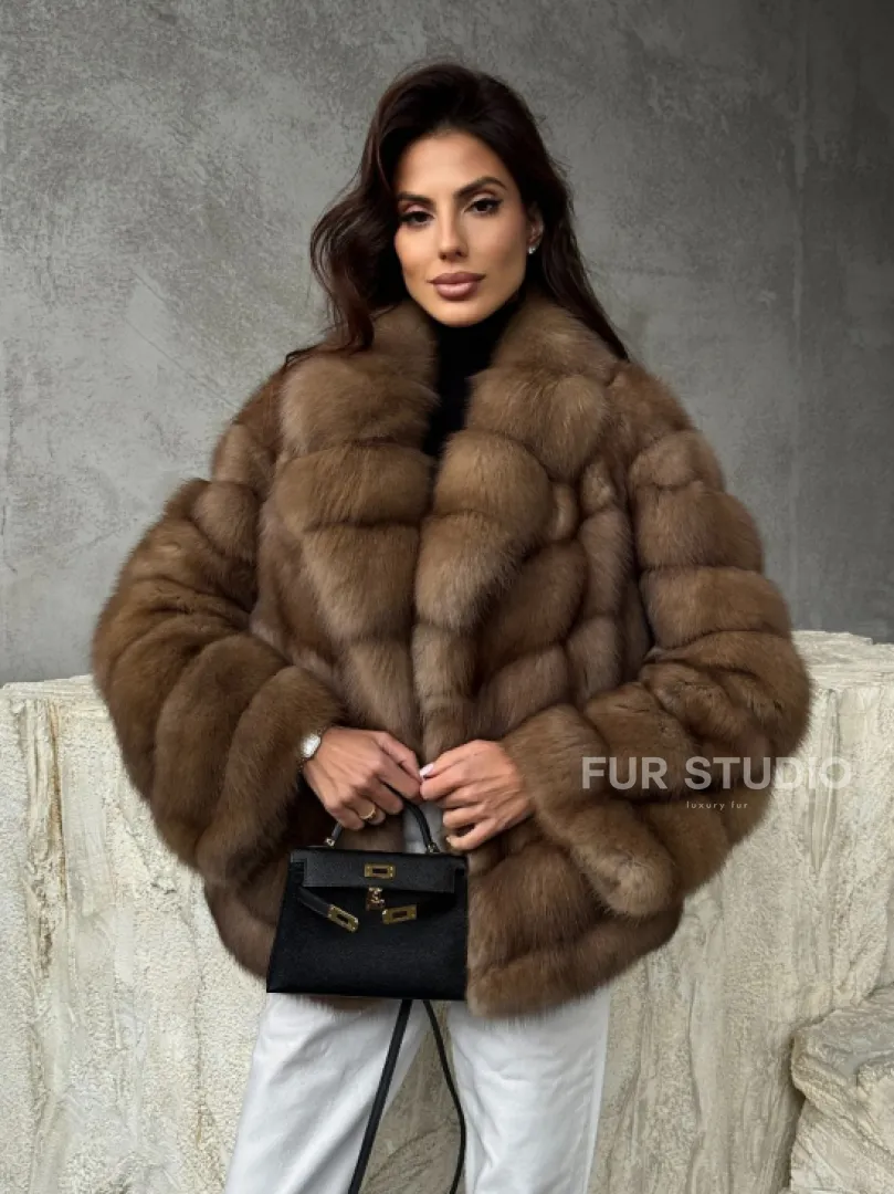 Полушубок из куницы в натуральном бежевом цвете