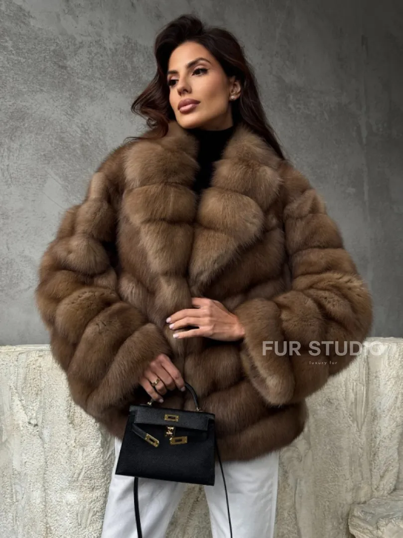 Полушубок из куницы в натуральном бежевом цвете