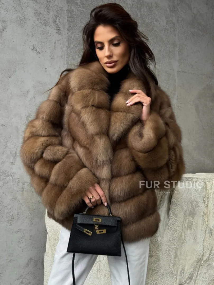 Полушубок из куницы в натуральном бежевом цвете