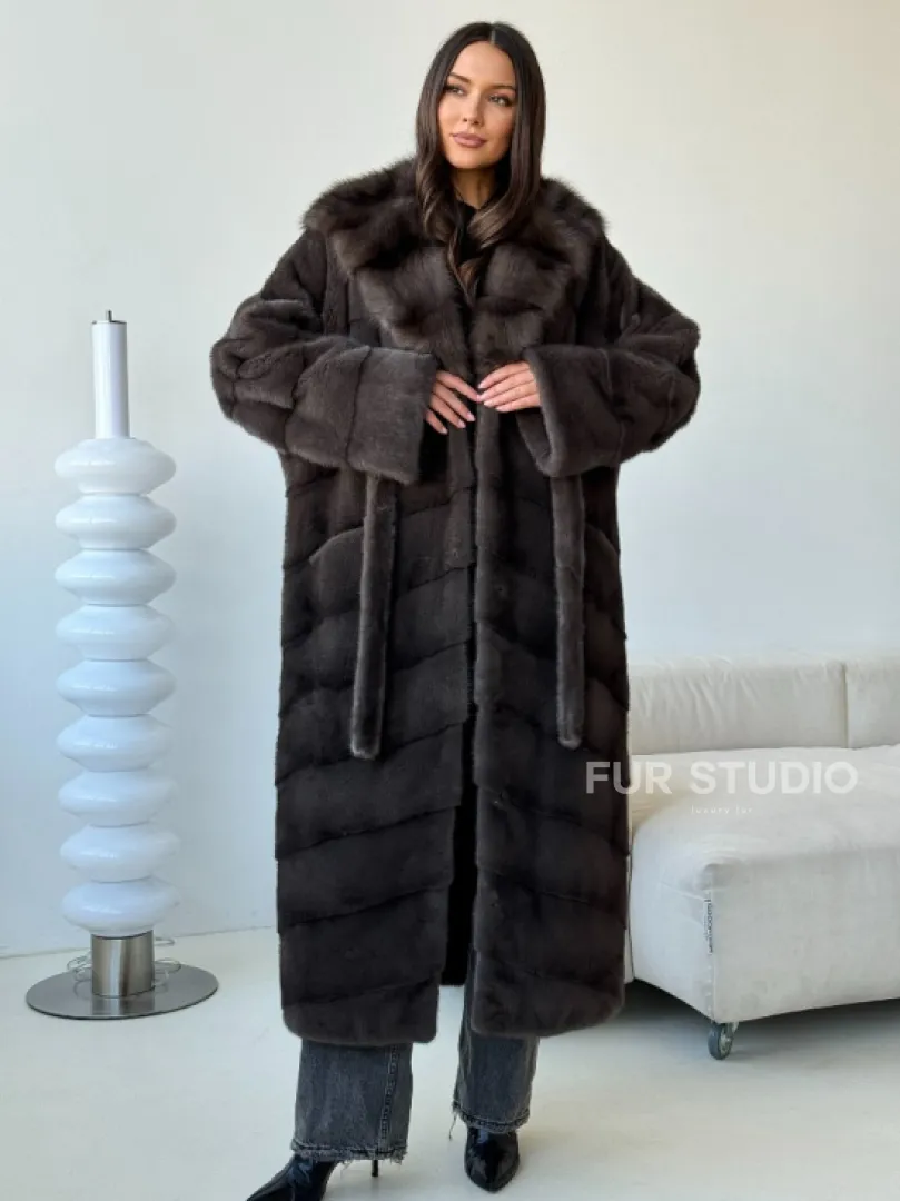Длинная норковая шуба с капюшоном - графит