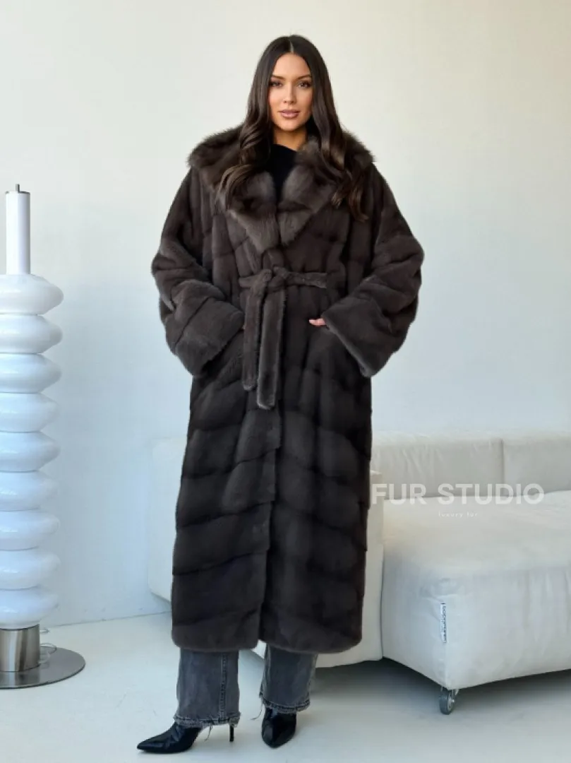 Длинная норковая шуба с капюшоном - графит