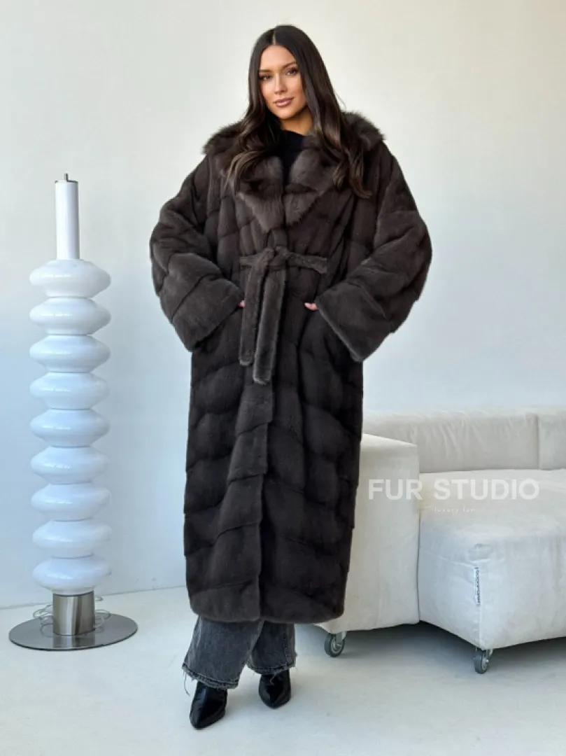 Длинная норковая шуба с капюшоном - графит