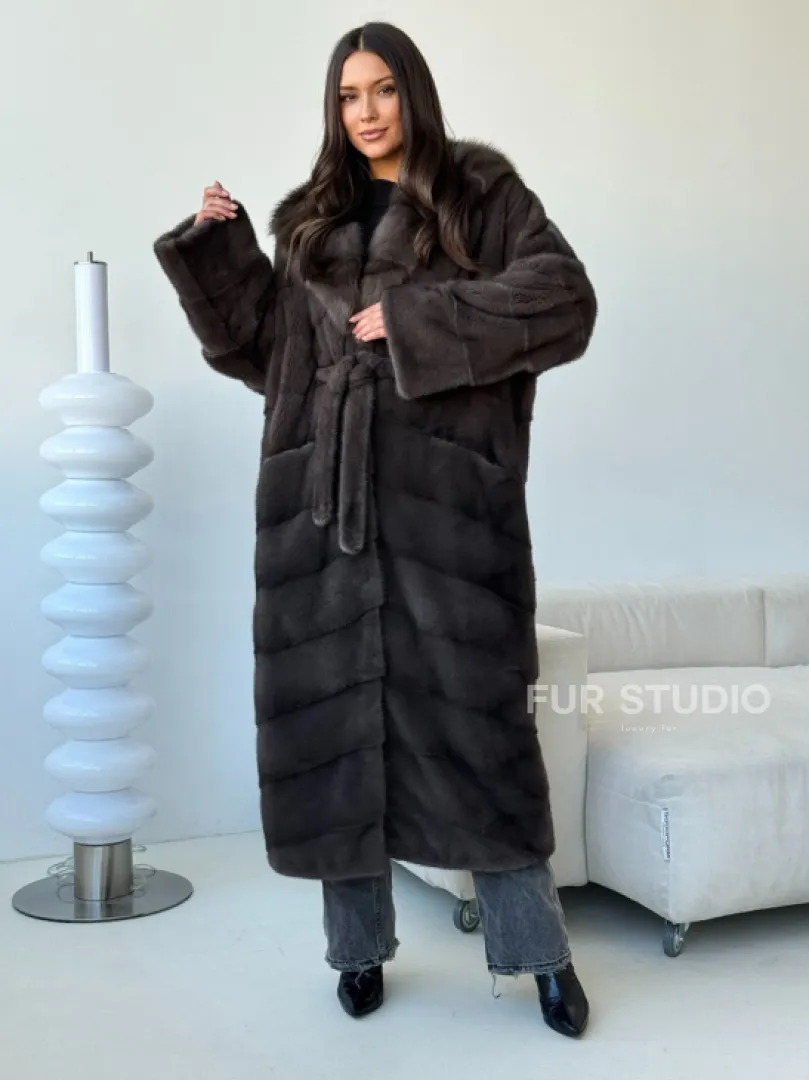 Длинная норковая шуба с капюшоном - графит
