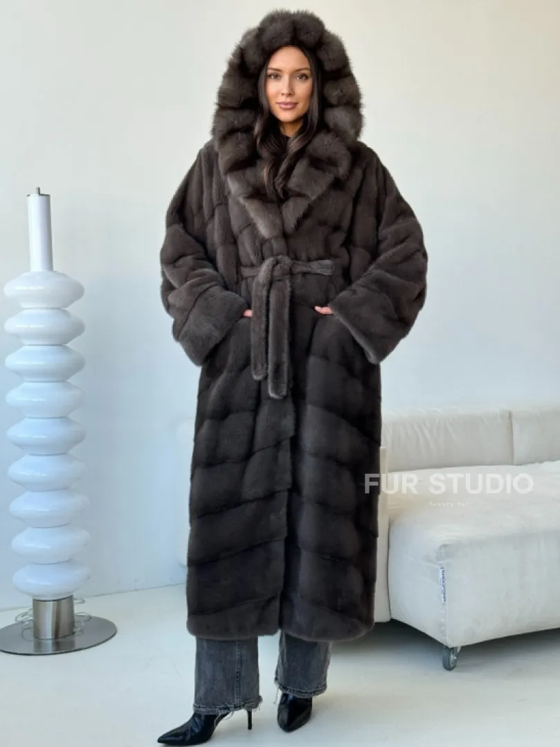 Длинная норковая шуба с капюшоном - графит