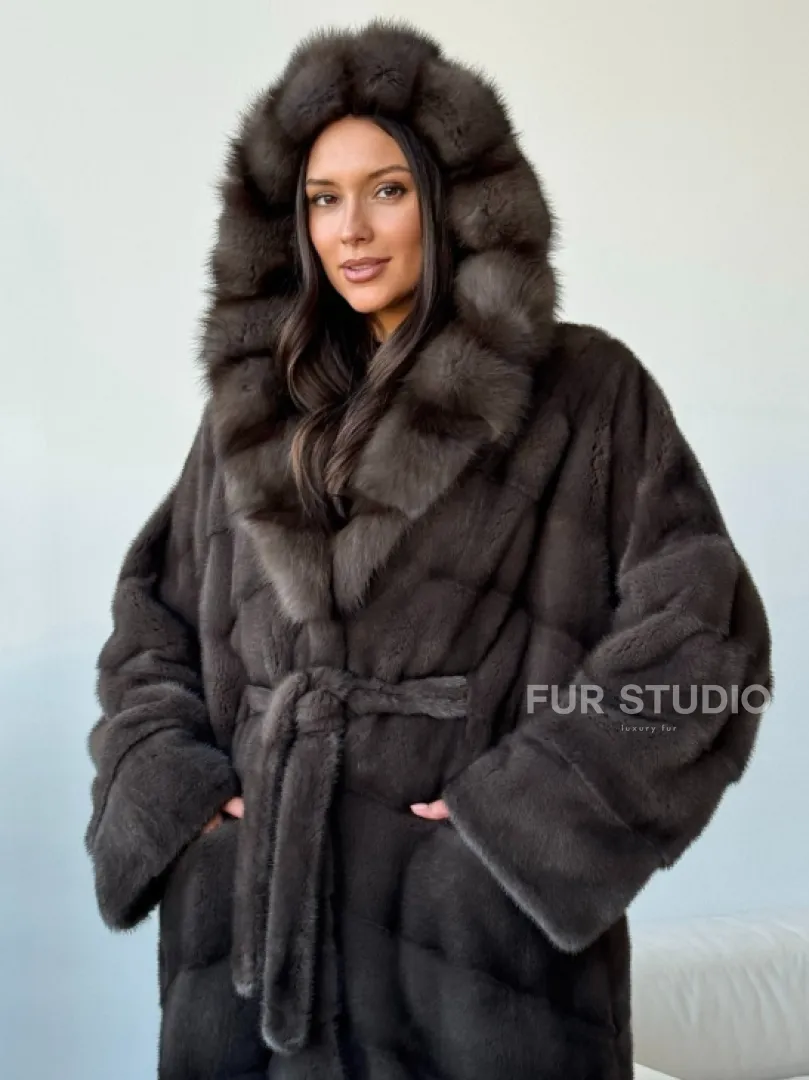 Длинная норковая шуба с капюшоном - графит