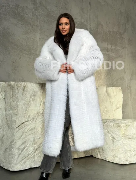 Длинная шуба из белой арктической лисы - пошив в роспуск - фото 7