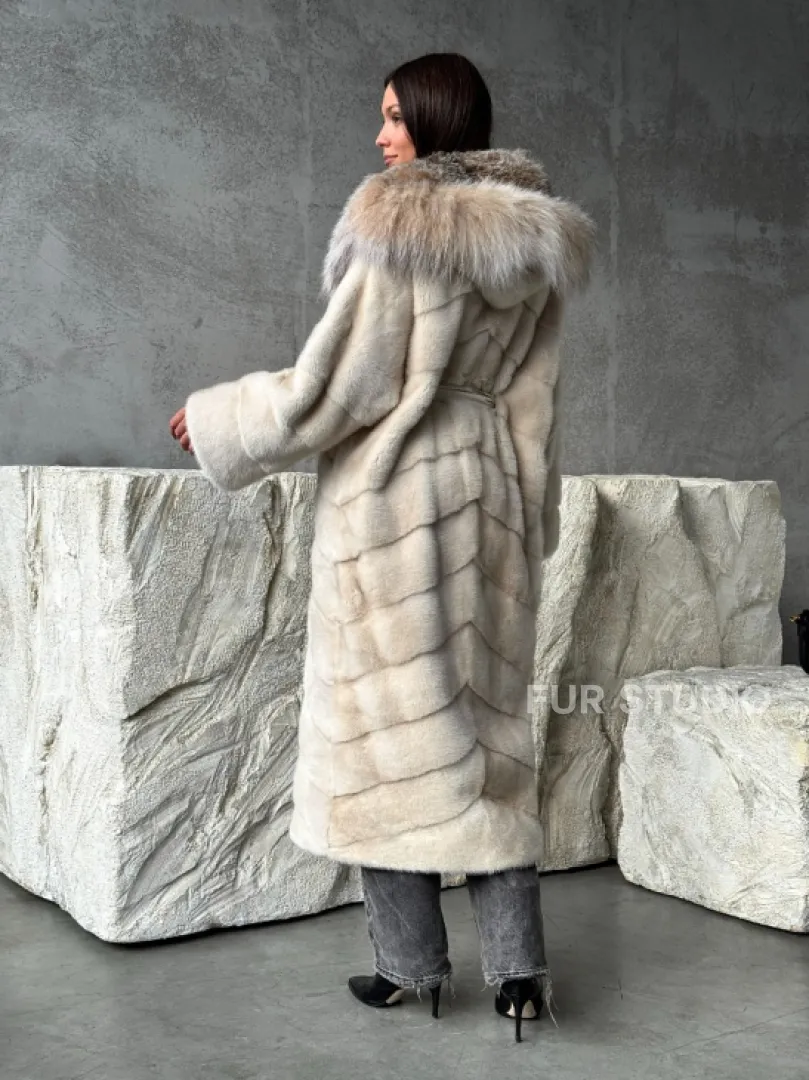 Норка шуба паркет с капюшоном рысь