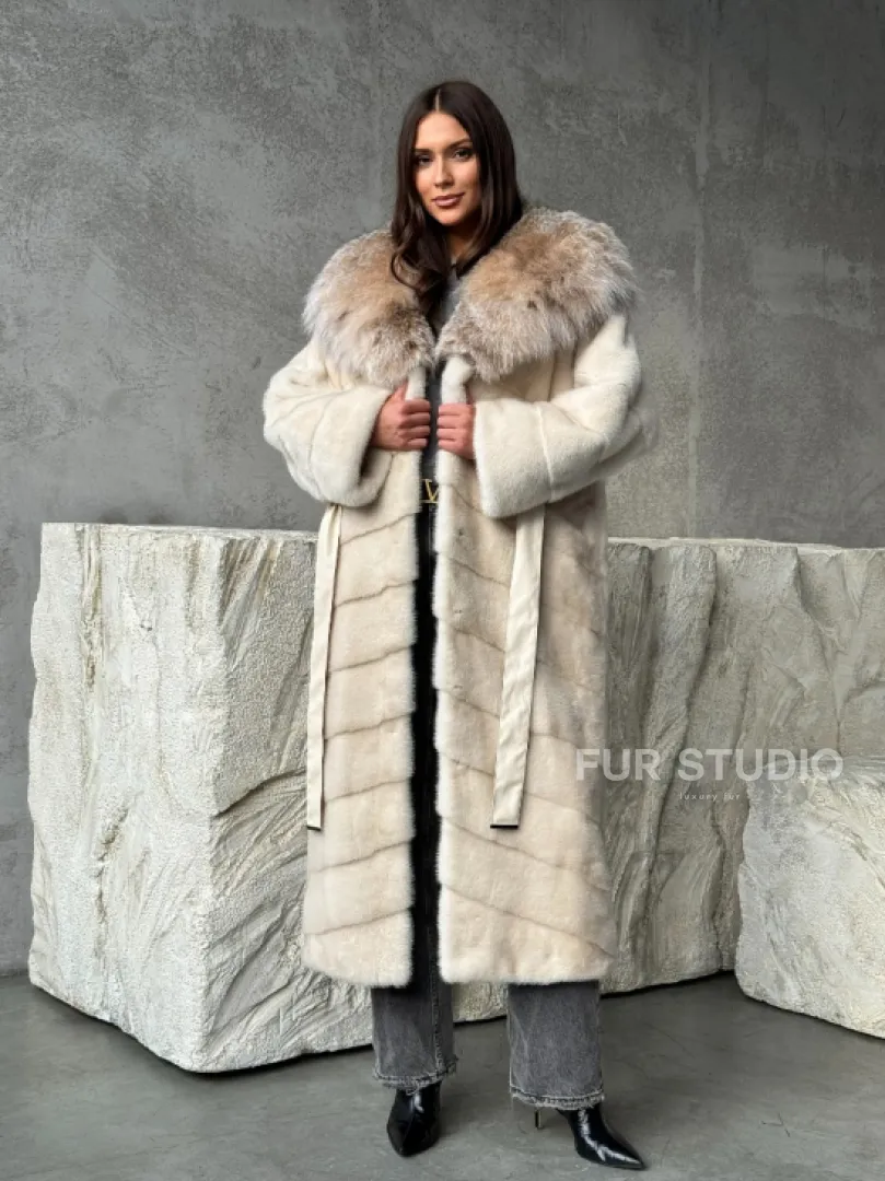 Норка шуба паркет с капюшоном рысь