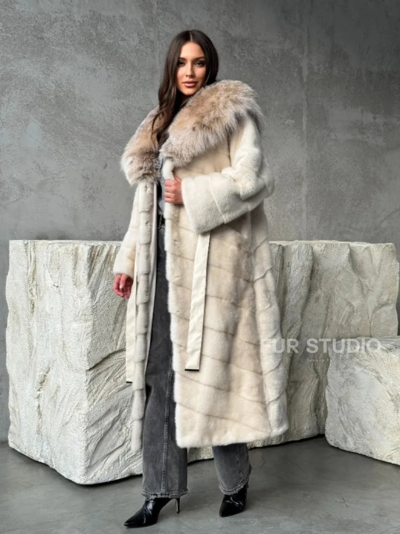 Норка шуба паркет с капюшоном рысь