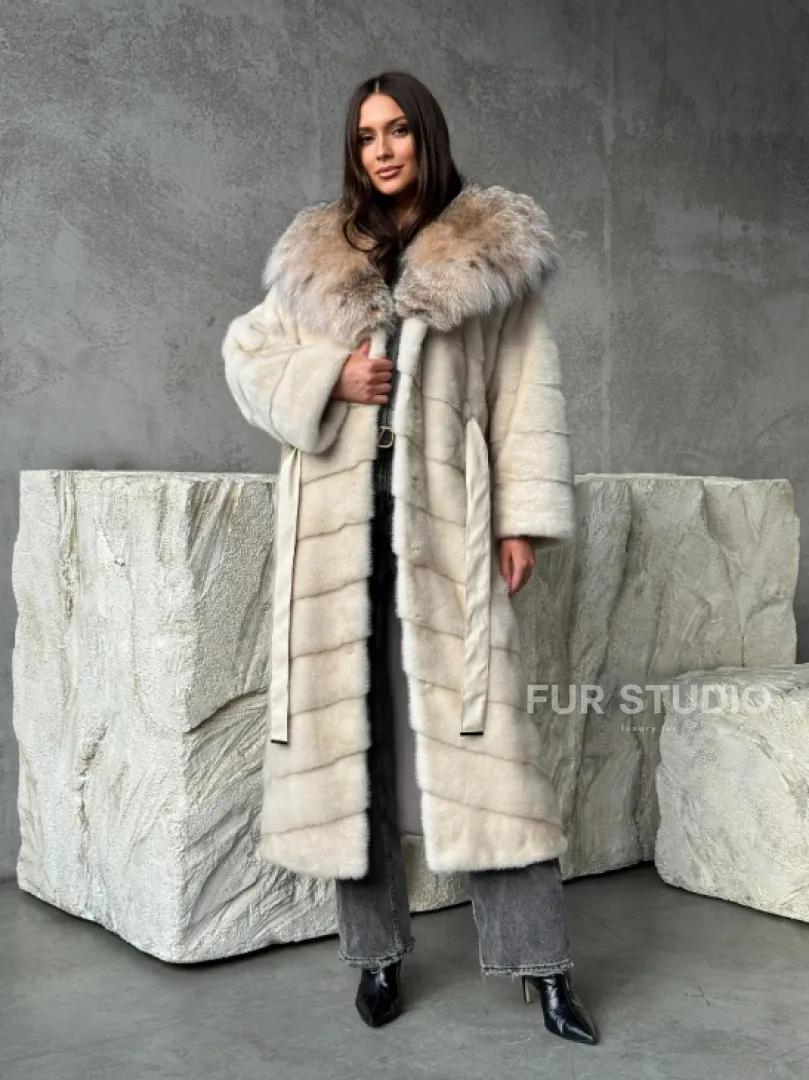 Норка шуба паркет с капюшоном рысь