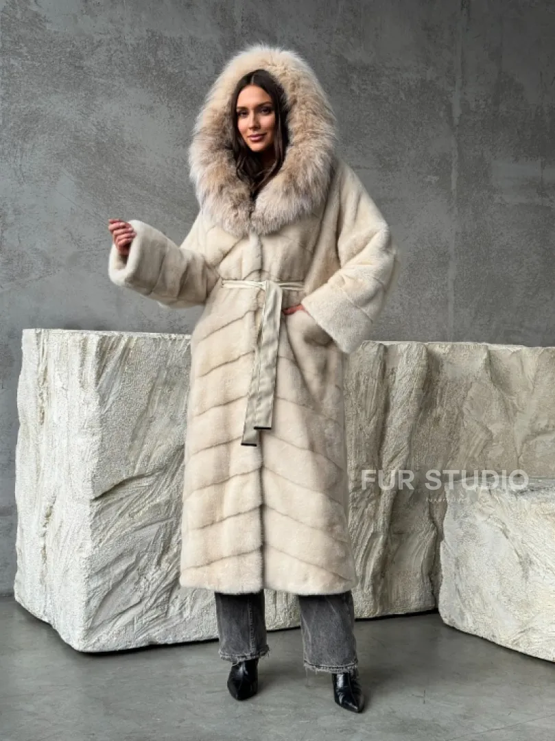 Норка шуба паркет с капюшоном рысь