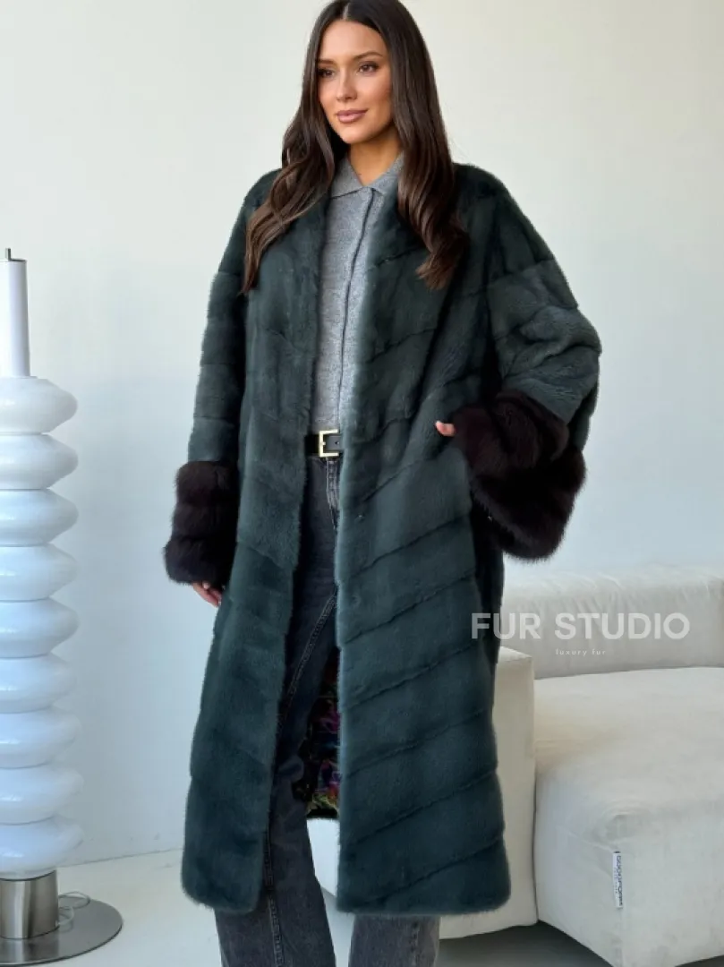 Норковая шуба с манжетами из куницы - цвет зеленый - фото 4