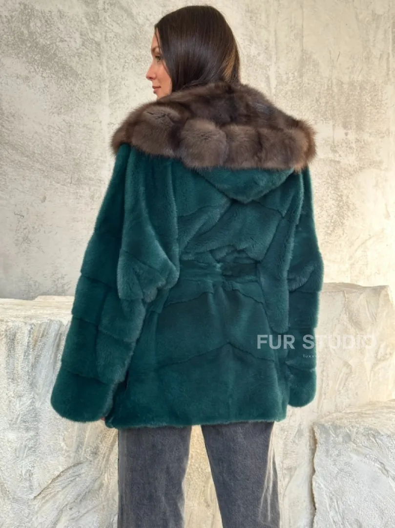 Шуба норка кимоно - капюшон куница