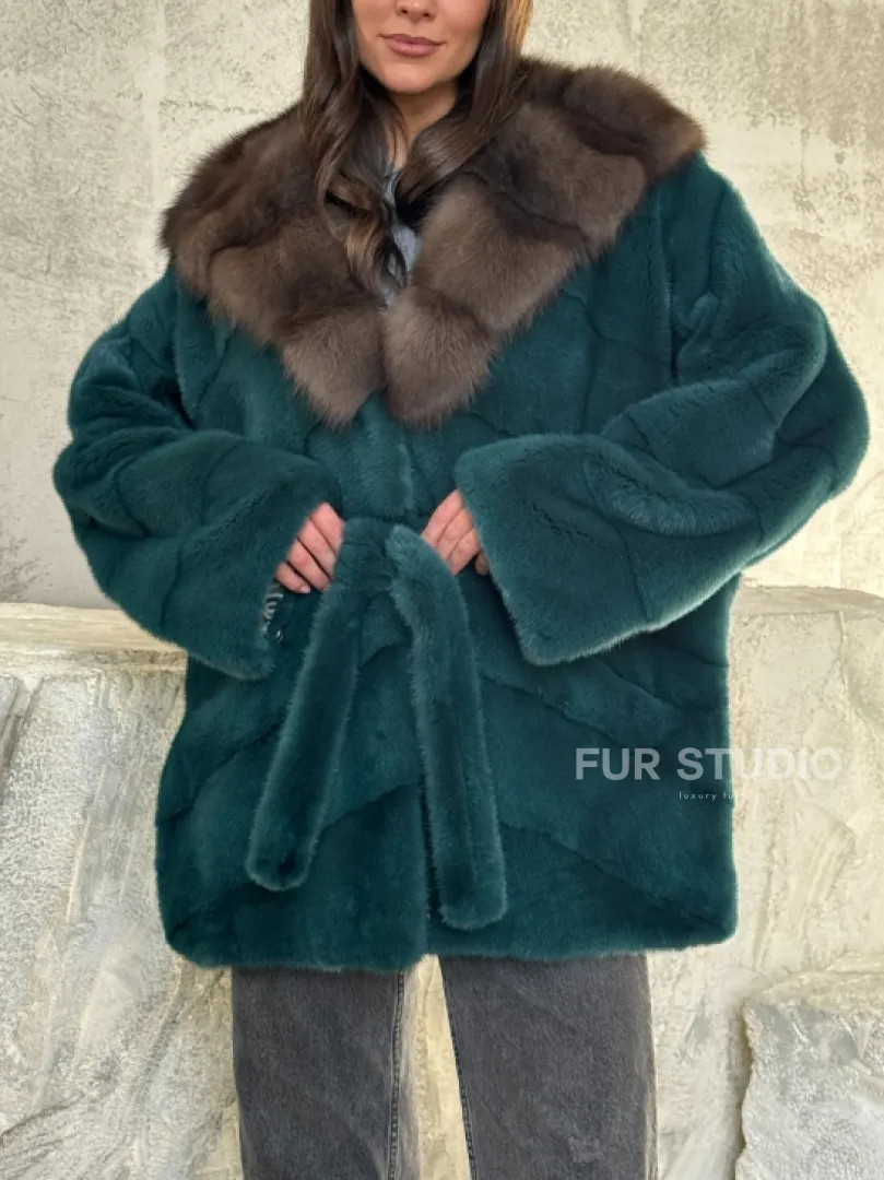 Шуба норка кимоно - капюшон куница