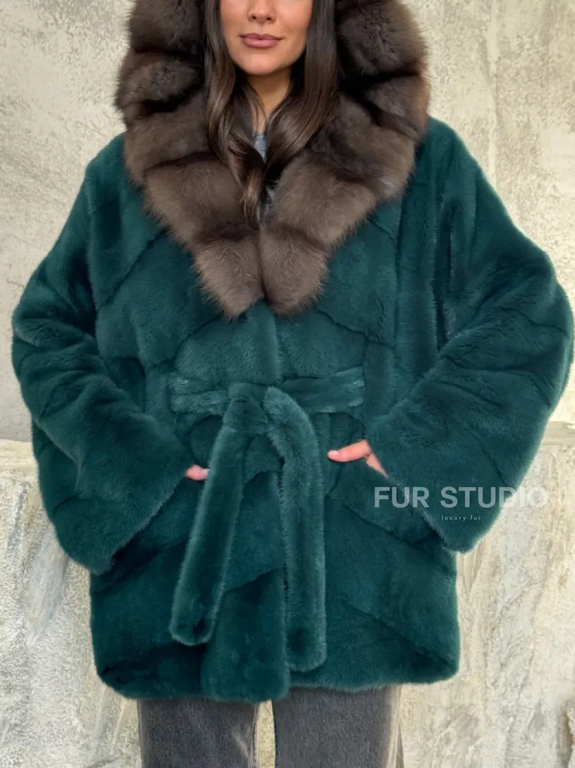 Шуба норка кимоно - капюшон куница - фото 1