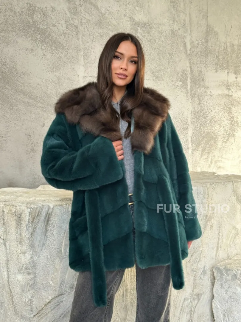 Шуба норка кимоно - капюшон куница