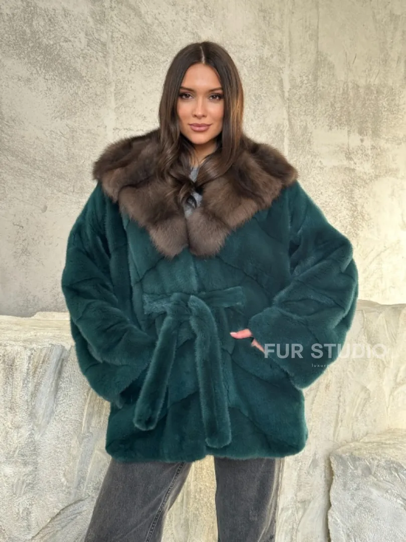 Шуба норка кимоно - капюшон куница - фото 10