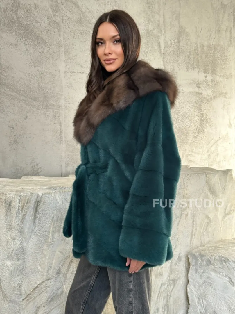 Шуба норка кимоно - капюшон куница