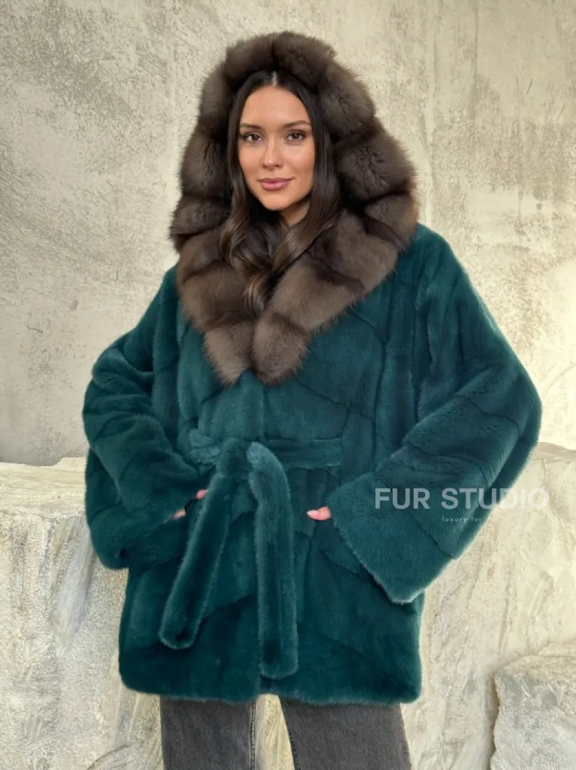 Шуба норка кимоно - капюшон куница - фото 6