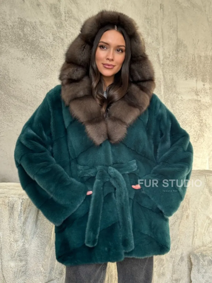 Шуба норка кимоно - капюшон куница