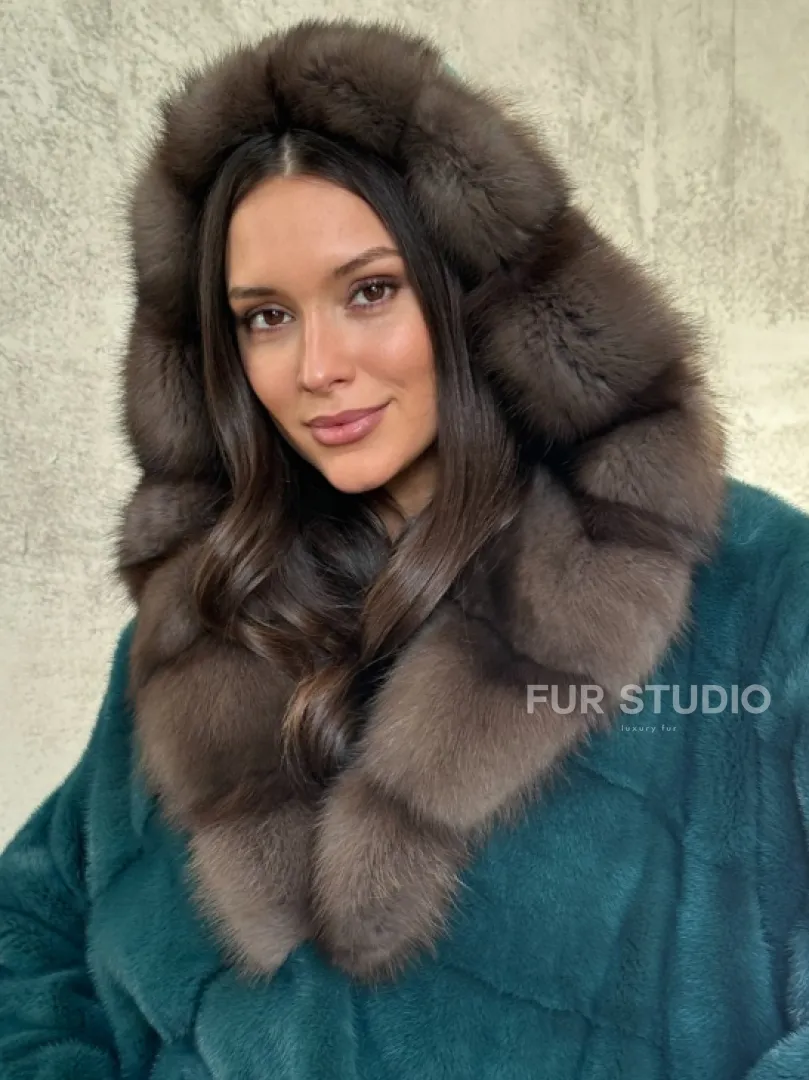 Шуба норка кимоно - капюшон куница - фото 4