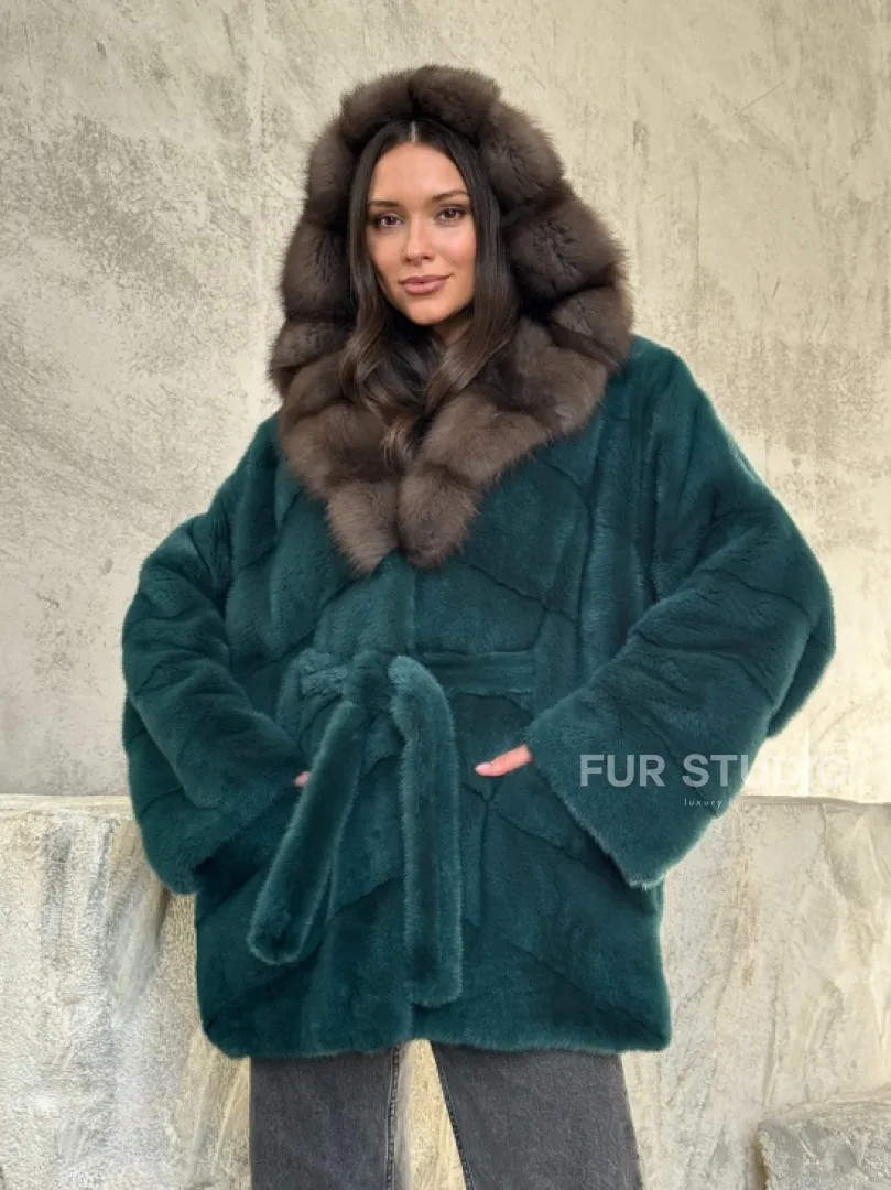 Шуба норка кимоно - капюшон куница