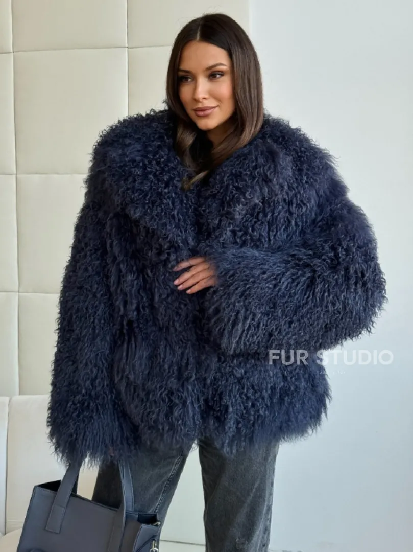 Шуба из ламы - цвет джинс - фото 2
