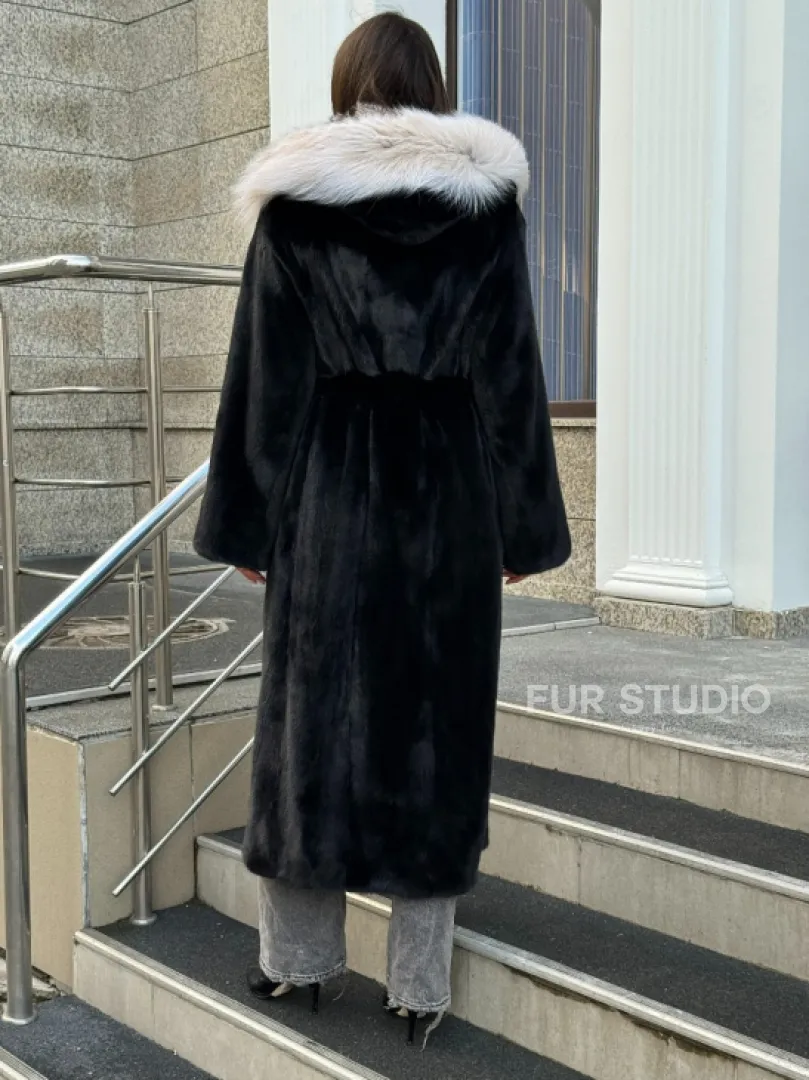 Черная норковая шуба с капюшоном из рыси - фото 8