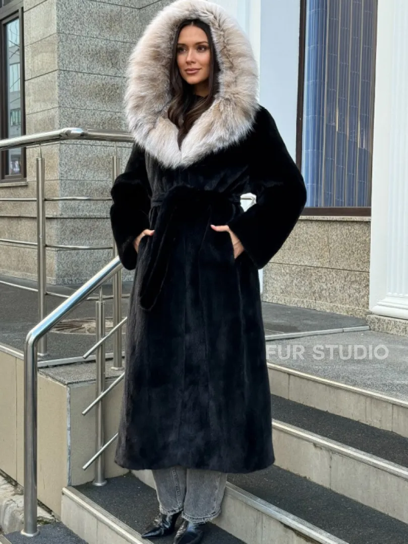 Черная норковая шуба с капюшоном из рыси - фото 6