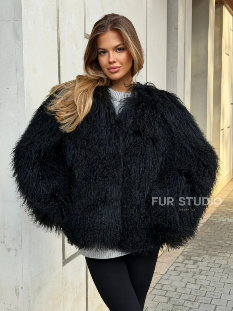 Полушубок черный из ламы