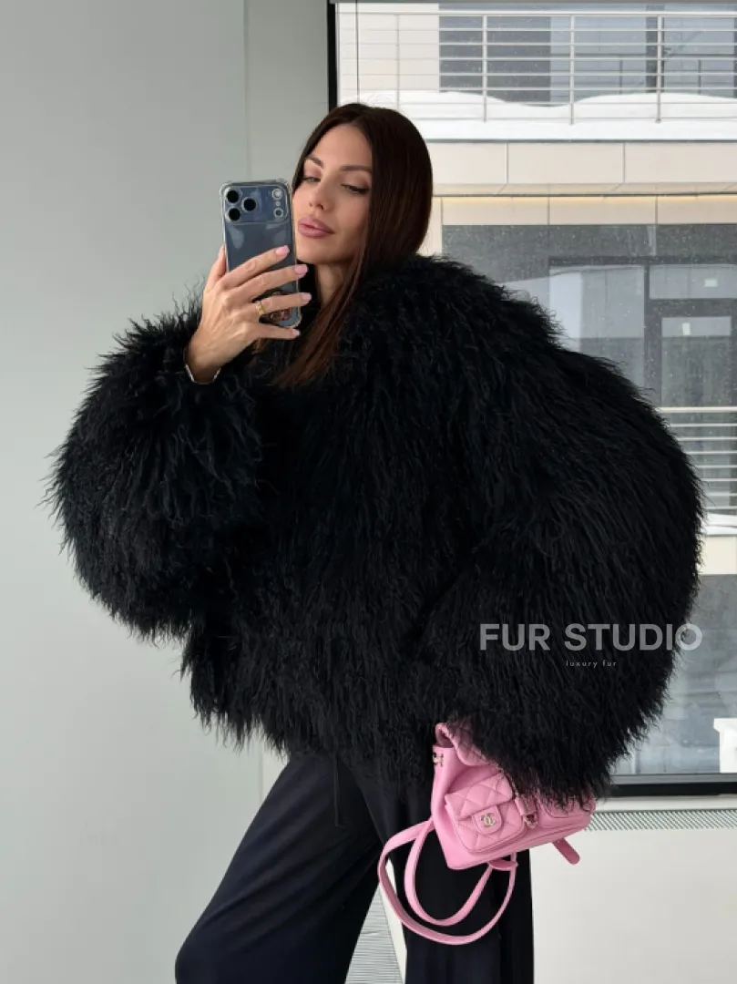 Полушубок черный из ламы - фото 15