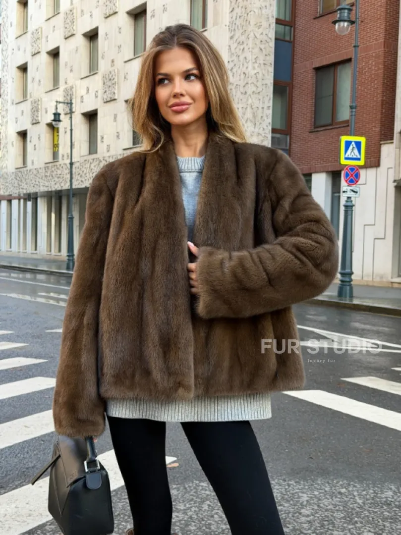Короткий норковый жакет - цвет соболь - фото 0