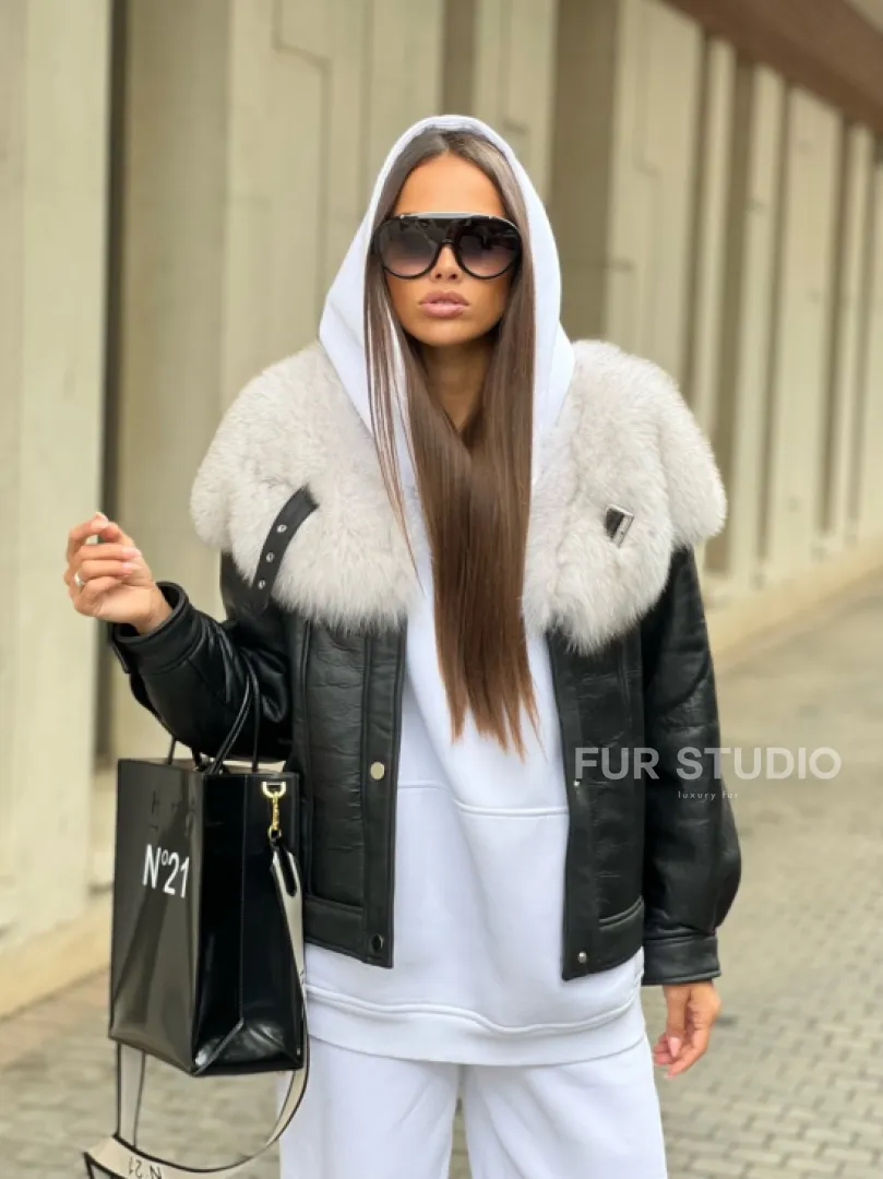 Дубленка из натуральной кожи с воротником из финского песца - фото 0