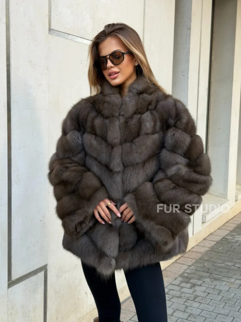 Шуба из куницы в цвете соболь - рукава косичкой - фото 12