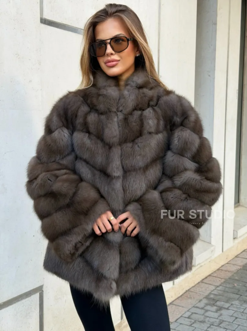 Шуба из куницы в цвете соболь - рукава косичкой - фото 0