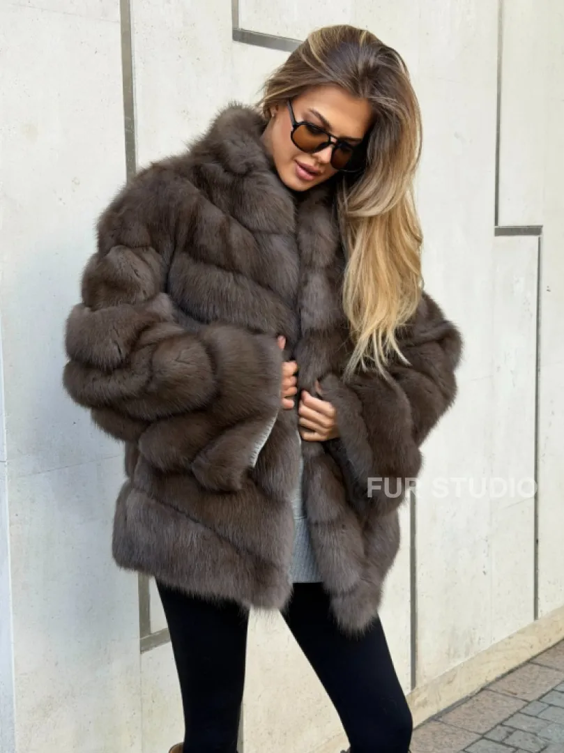 Шуба из куницы в цвете соболь - рукава косичкой