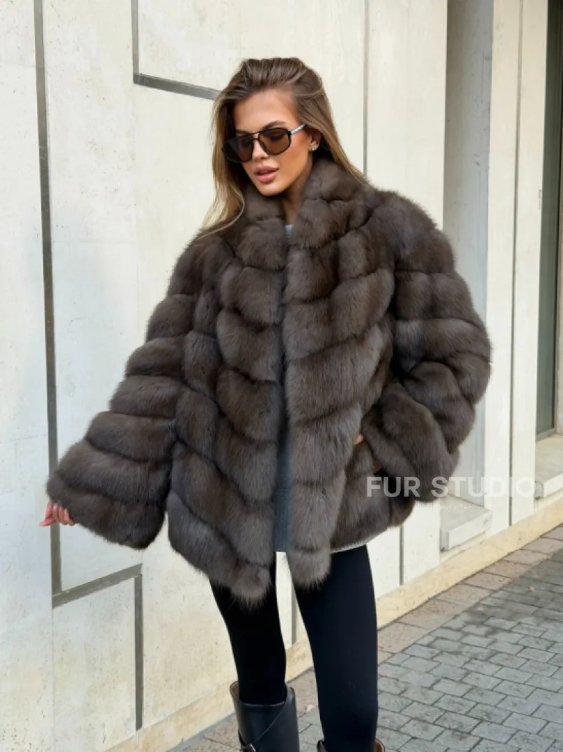 Шуба из куницы в цвете соболь - рукава косичкой