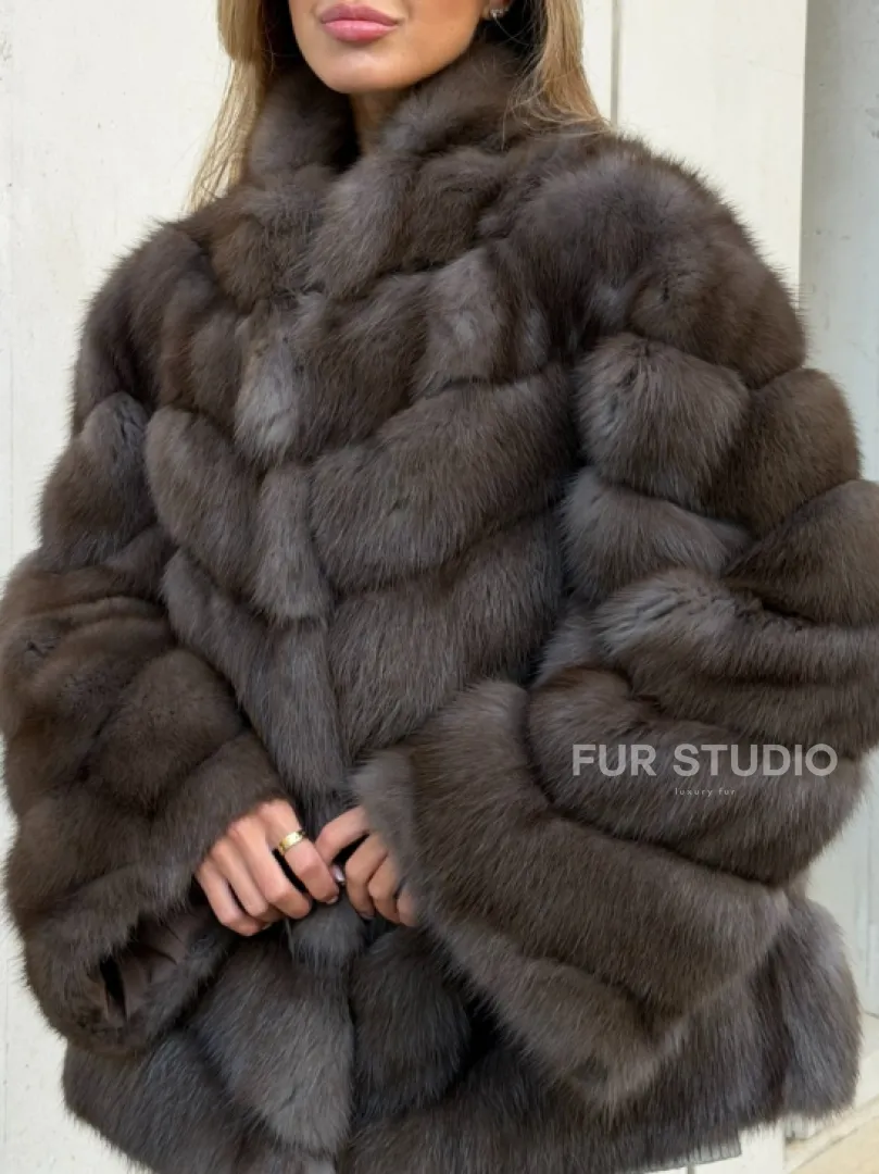 Шуба из куницы в цвете соболь - рукава косичкой